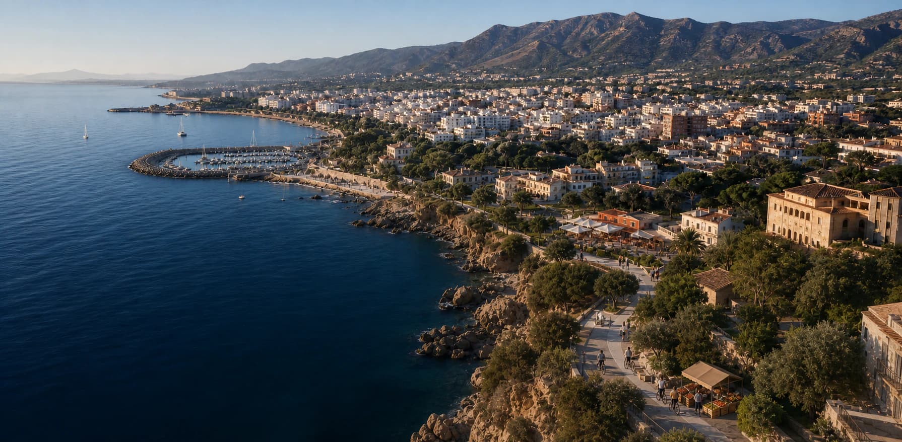 Aerial view of a coastal town on the Costa del Sol with a marina, promenade and the mountains in the background